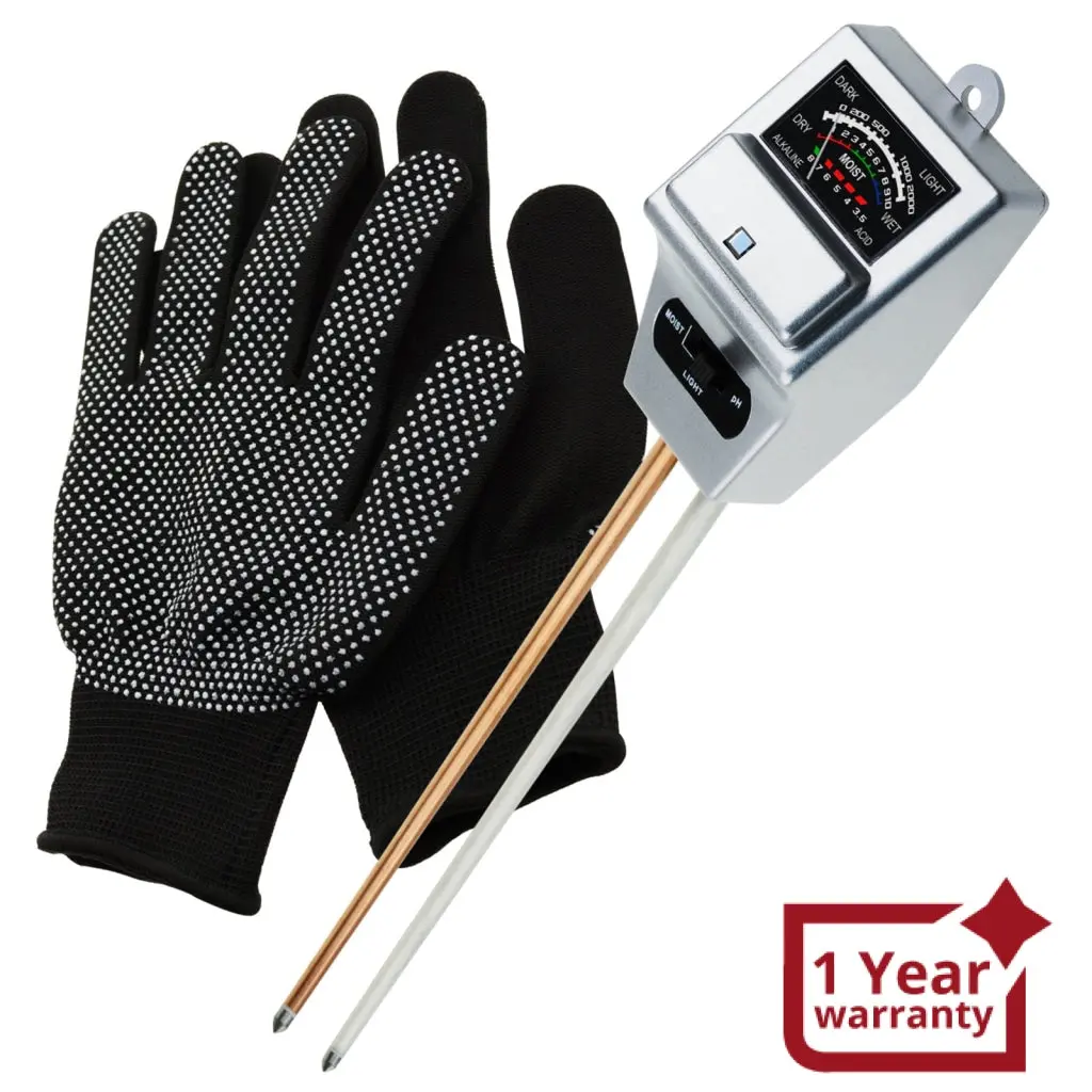 Sqm-256_Glove Soil Ph, Moisture & Light Meter 3 Way Tester Kit (Silver Or Green With Free Gloves), Gardening Acidity Probe Test Tool Plants Watering Quality Monitoring Checker For Garden Farm Lawn Household Indoor Outdoor 1