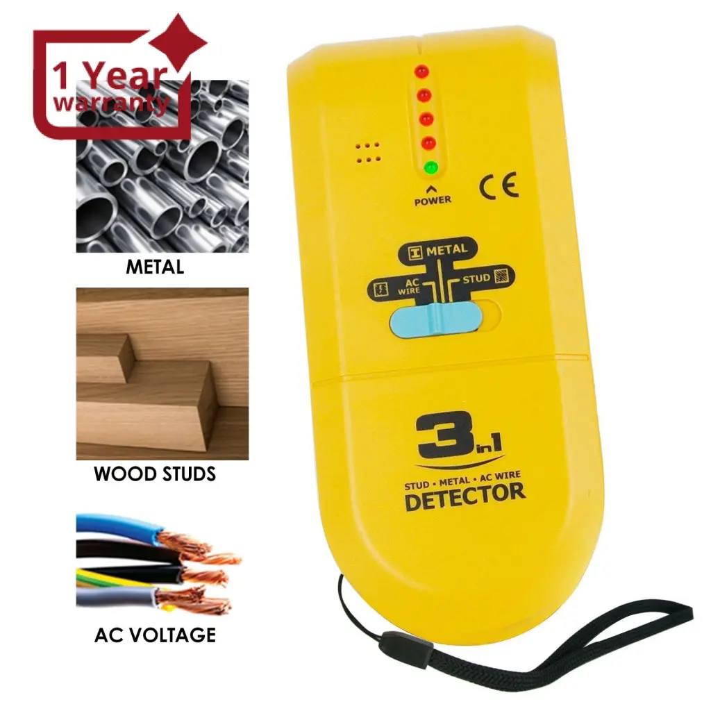 E04-022 3 In 1 Stud / Metal / Ac Wire Detector, Handheld Wall Wood Metallic Pipe Voltage Live Scanner Finder Tracker W/ Spotlight & Groove Buzzer, For Hole Drilling Nailing Nail Construction Installation 1