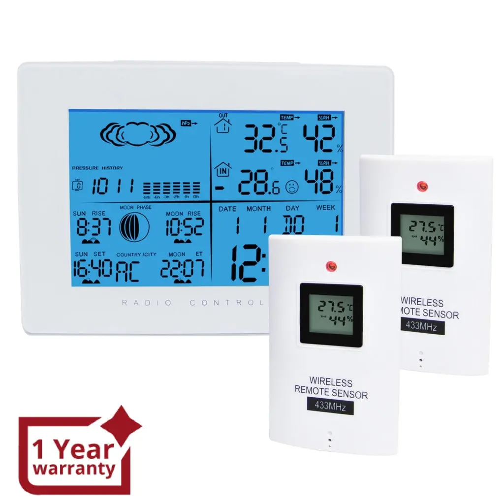 Aok-5019_2S Weather Station With 2 Wireless Sensors, With Time, Barometer Weather Forecast, Temperature, Humidity, Sunrise/ Sunset/ Moonrise/ Moonset, Date, Alarm & Snooze, Radio Controlled Clock Rcc Dst, 12/ 24-Hour Format, Indoor & Outdoor 1