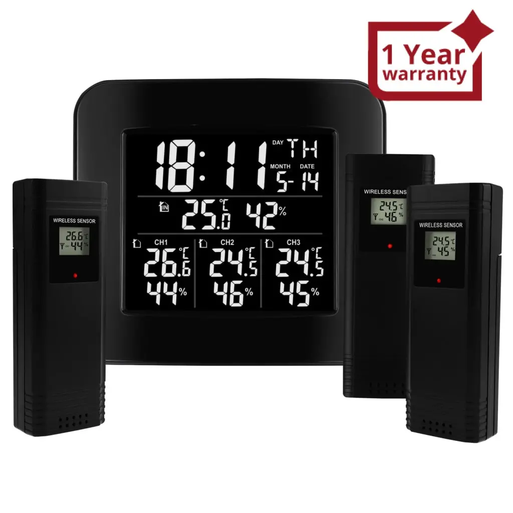 Wea-288 Digital Wireless Weather Station Indoor Outdoor Temperature And Humidity Measure Hygrometer 3 Sensor, °C/°F Black Led Light Display, Alarm Clock Function 1