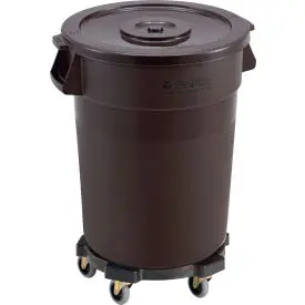 Global Industrial™ Plastic Trash Can With Lid & Dolly - 32 Gallon Brown 1