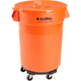 Global Industrial™ Plastic Trash Can With Lid & Dolly - 32 Gallon Bright Orange 1