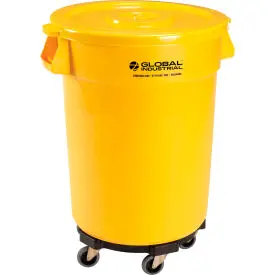Global Industrial™ Plastic Trash Can With Lid & Dolly - 32 Gallon Yellow 1