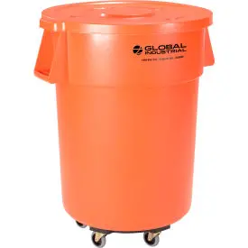 Global Industrial™ Plastic Trash Can With Lid & Dolly - 55 Gallon Bright Orange 1