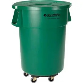 Global Industrial™ Plastic Trash Can With Lid & Dolly - 55 Gallon Green 1