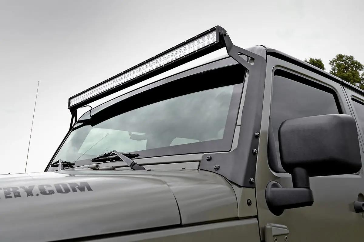 Jeep 50 Inch Straight Led Light Bar Upper Windshield Mounts 07-18 Wrangler Jk Rough Country 1