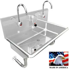 Bsm Inc. Stainless Steel Sink, 2 User W/Electronic Faucets Round Tube Wall Mounted 36"L X 20"W X 8"D 1