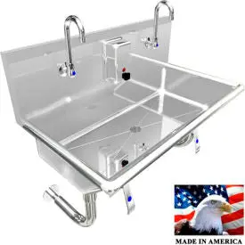 Bsm Inc. Stainless Steel Sink, 2 Stations W/Knee Valve Operated Faucets, 36?G L X 20?G W X 8?G D 1