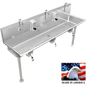 Bsm Inc. Stainless Steel Sink, 3 Station W/Knee Valve Operated, Straight Legs 72"L X 20"W X 8"D 1