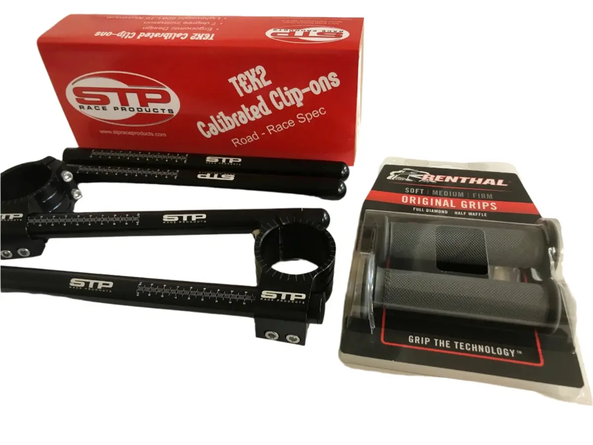 50Mm Stp Tek2 Calibrated Road Race Clip-Ons Handlebars, Renthal Grips & Spare Tubes 1
