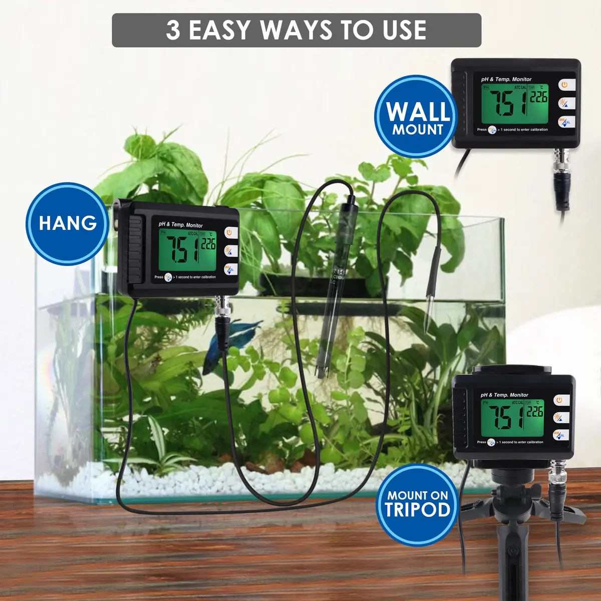 Phm-295 2-In-1 Combo Ph & Temperature Meter Fish Tank Monitor Thermometer Replaceable Bnc Ph Electrode For Aquariums Hydroponics Aquaculture Laboratory 2