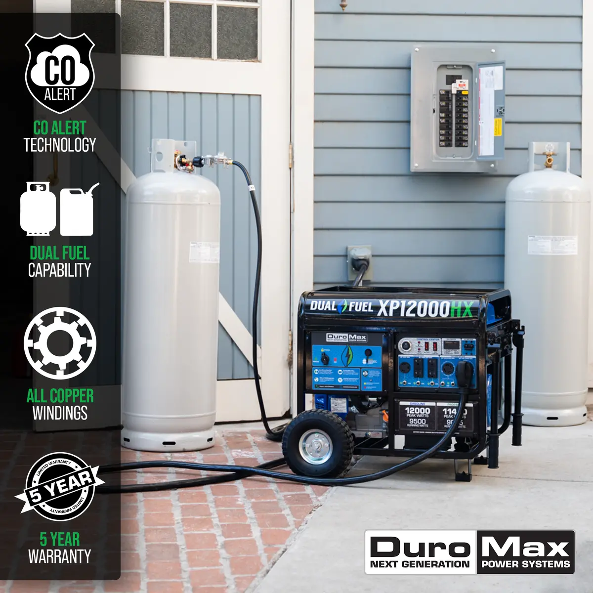 12,000 Watt Dual Fuel Portable Hx Generator W/ Co Alert 2