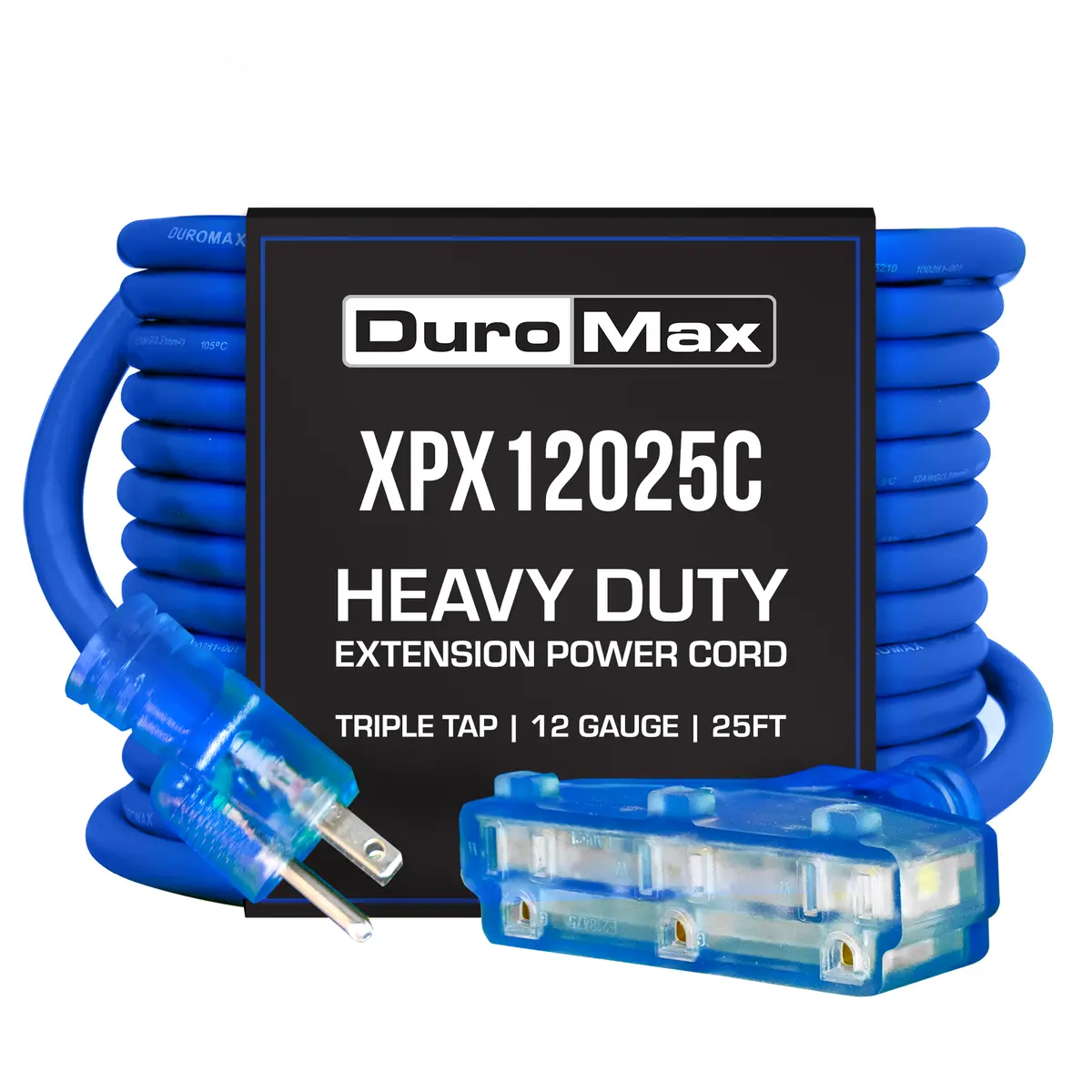 Duromax Xpx12025c Heavy Duty Sjeoow 25-Foot 12 Gauge Blue Triple Tap Extension Power Cord 1