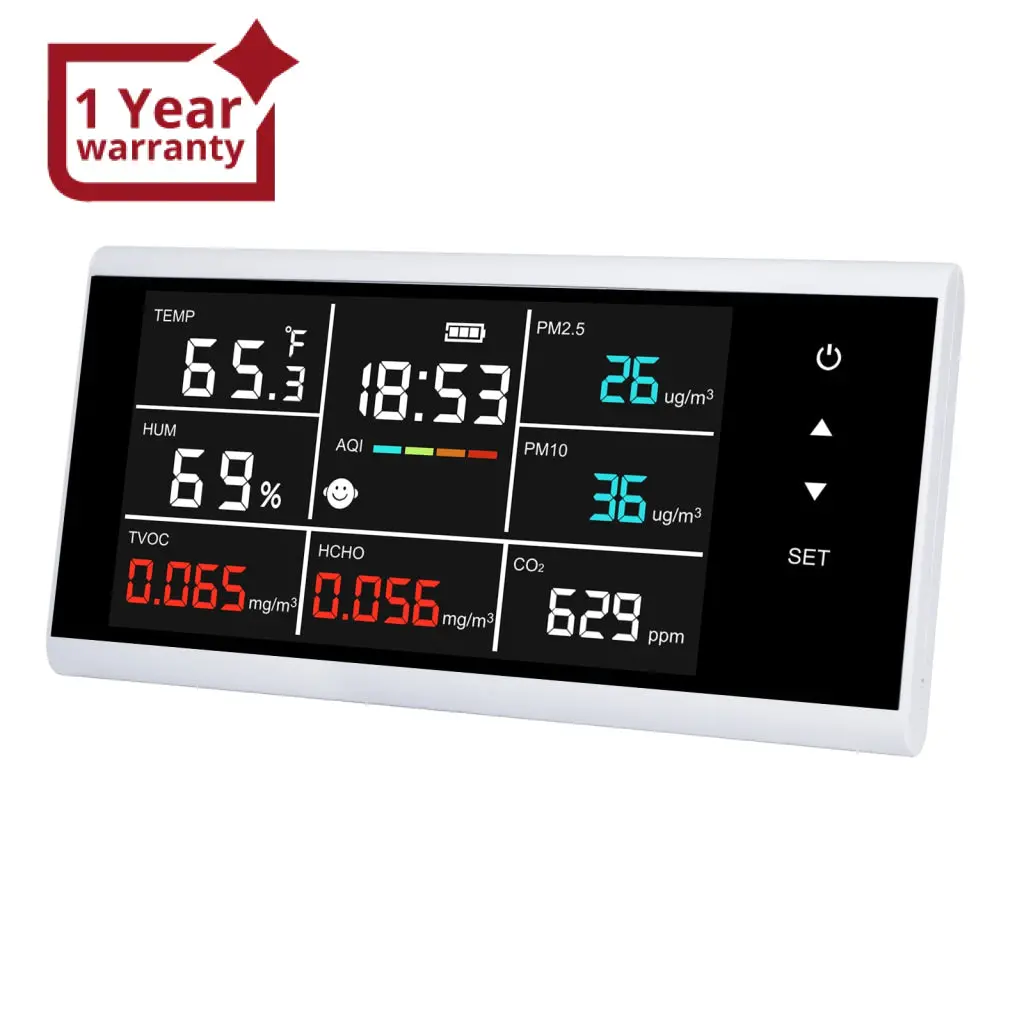 Aqm-410 Portable 8-In-1 Indoor Air Quality Monitor Co2/Tvoc/Hcho/Aqi/Pm2.5/Pm10/Temp/Rh With Time Clock Display In Large Color Lcd Screen 1