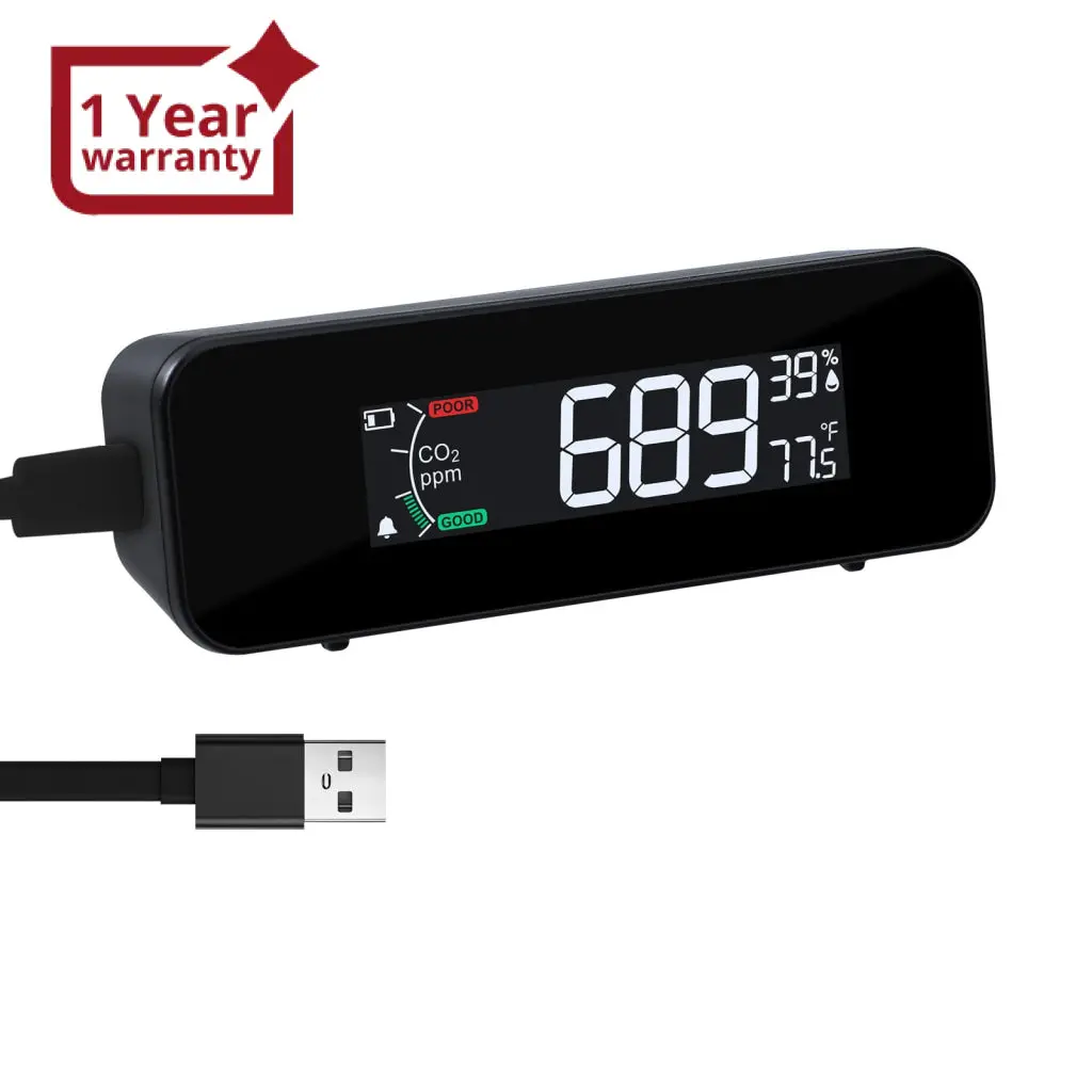 Aqm-481 Portable Co2 Monitor With Temperature & Humidity Measurement Ndir Sensor Technology, 3-Color Air Quality Alert, Rechargeable Battery 40+ Hour Continuous Usage 1