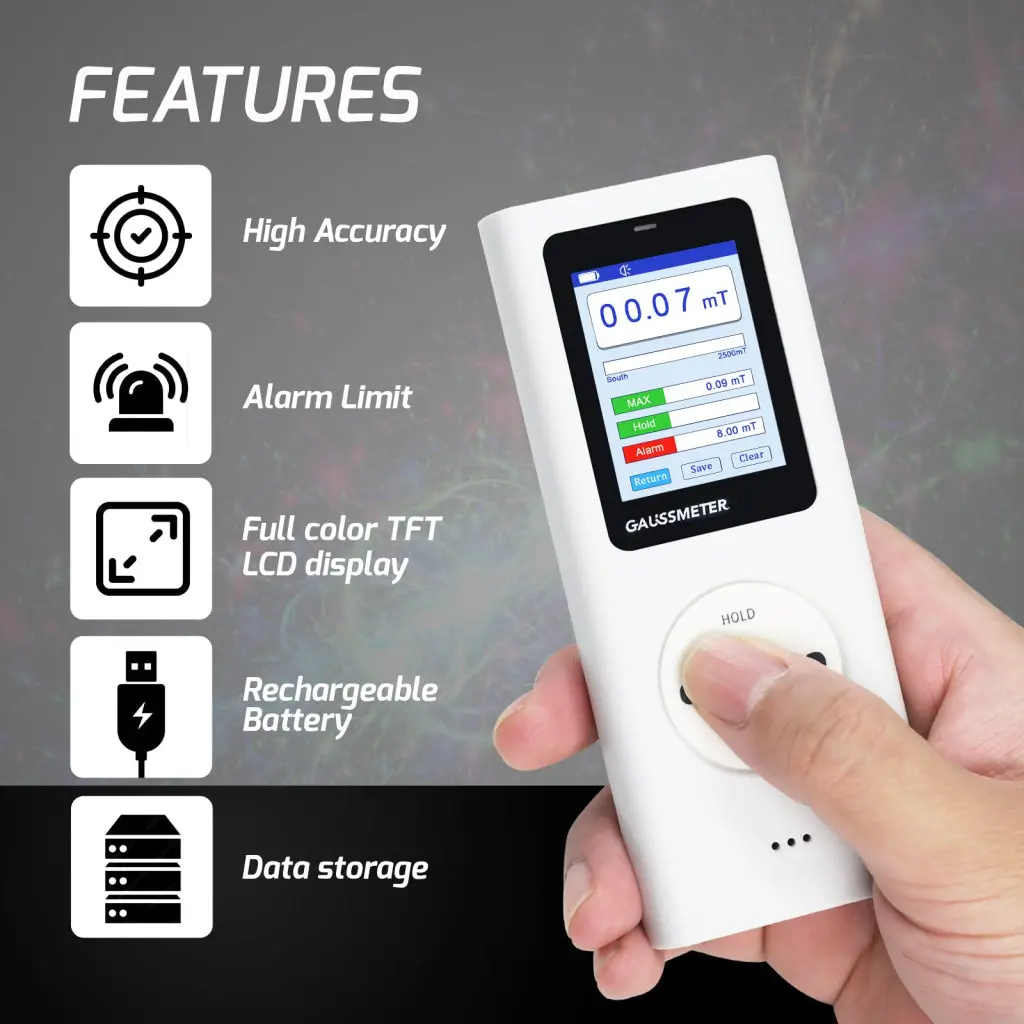 Emf-506 Digital Gauss Meter / Tesla Meter - High Precision Portable Magnetic Field Detector 0~25K Gs (0~2500 Mt) Range For Magnet Testing, Motors & Industrial Applications Hd Colored Display With Hall Sensor 2