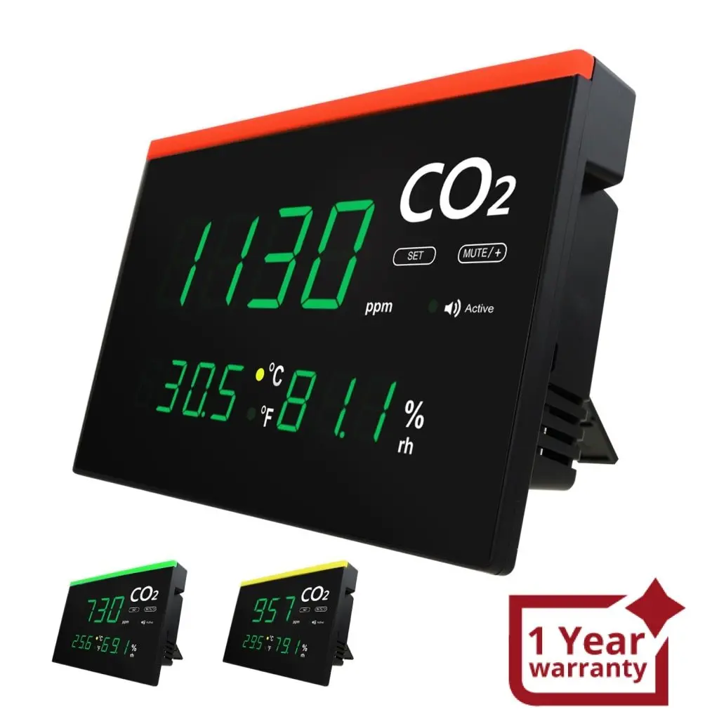 7729 Wall Mount / Desktop Stand Indoor Air Quality Monitor Real-Time Co2 Detector, Carbon Dioxide & Temperature & Humidity Level With Large Led Screen & Visual Color Warning Light Bar And Audible Alarms 1