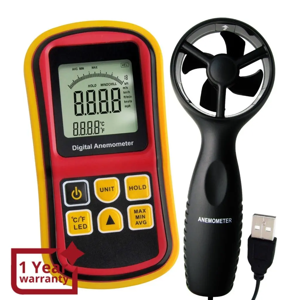 Am-8901  2-In-1 Digital Thermo-Anemometer, Air Flow Wind Speed Meter, 5 Parameters (M/S, Km/H, Ft/Min, Knots & Mph) With Thermometer Temperature, 0~45M/S Velocity Bar Graph Surf & Backlight 1