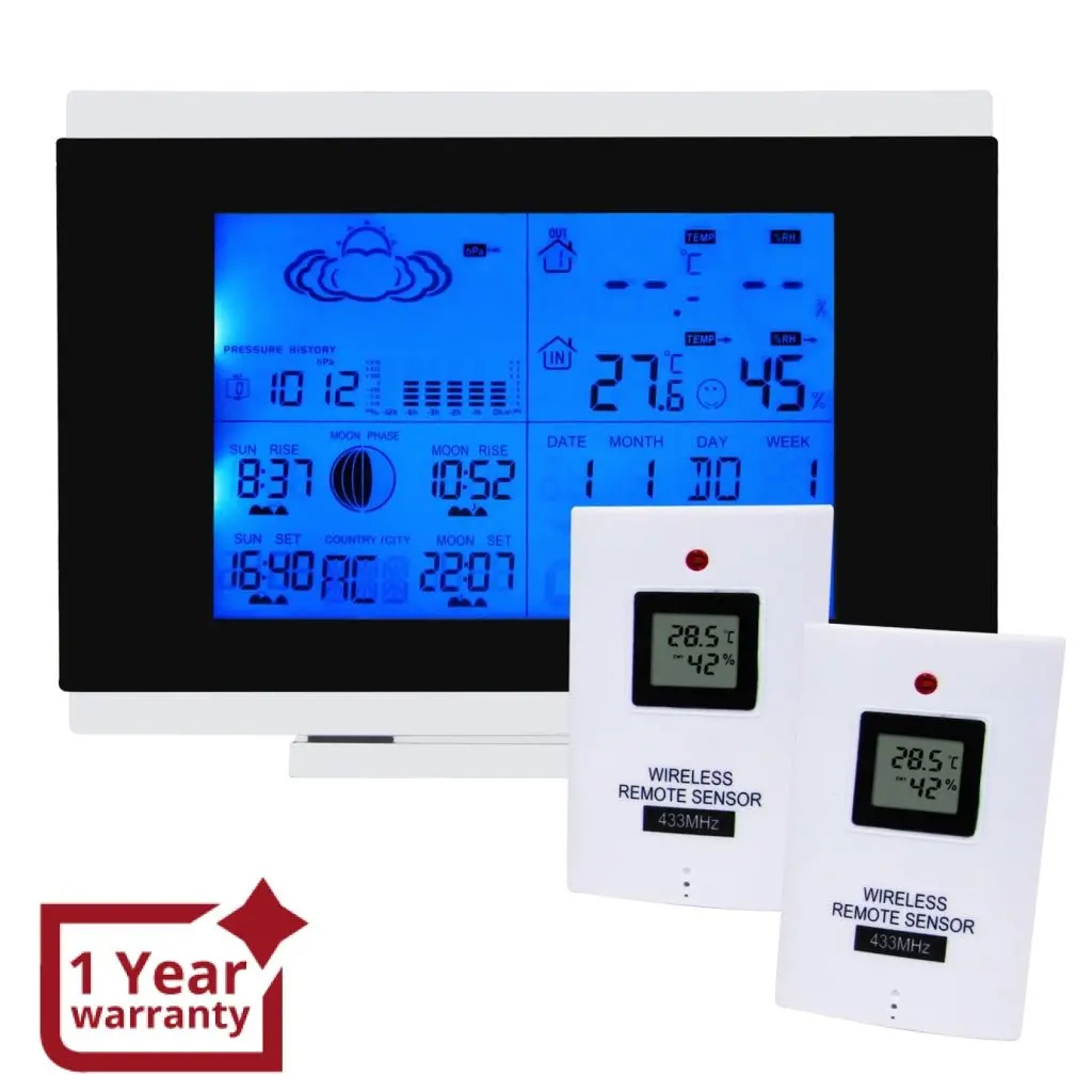 Aok-5018B_2S Weather Station With 2 Wireless Sensors, With Time, Barometer Weather Forecast, Temperature, Humidity, Sunrise/ Sunset/ Moonrise/ Moonset, Date, Alarm & Snooze, Radio Controlled Clock Rcc Dst, 12/ 24-Hour Format, Indoor & Outdoor 1