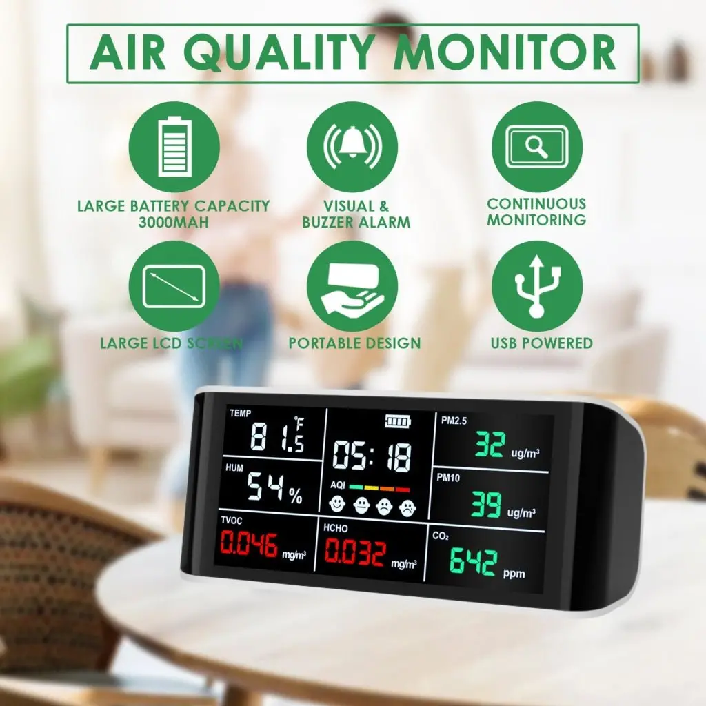 Aqm-388 Portable 9 In 1 Indoor Air Quality Meter Co2 Monitor Formaldehyde Detector Voc Sensor Aqi Index Pm2.5 Pm10 And Humidity Temp With Time Display Air Monitor Test Kit 2