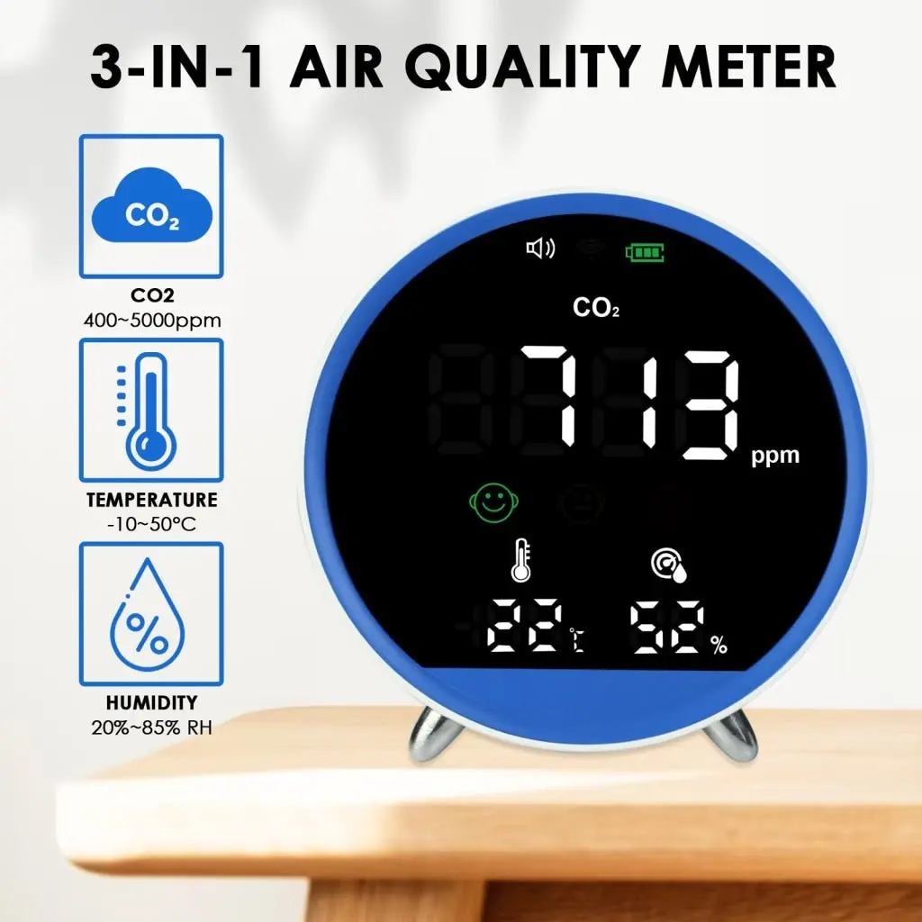 Aqm-399 Carbon Dioxide Co2 Monitor Indoor Air Quality Meter Temperature Humidity Tester Face Icon Colored Display With Alarm 400~5000Ppm Ndir Sensor 2
