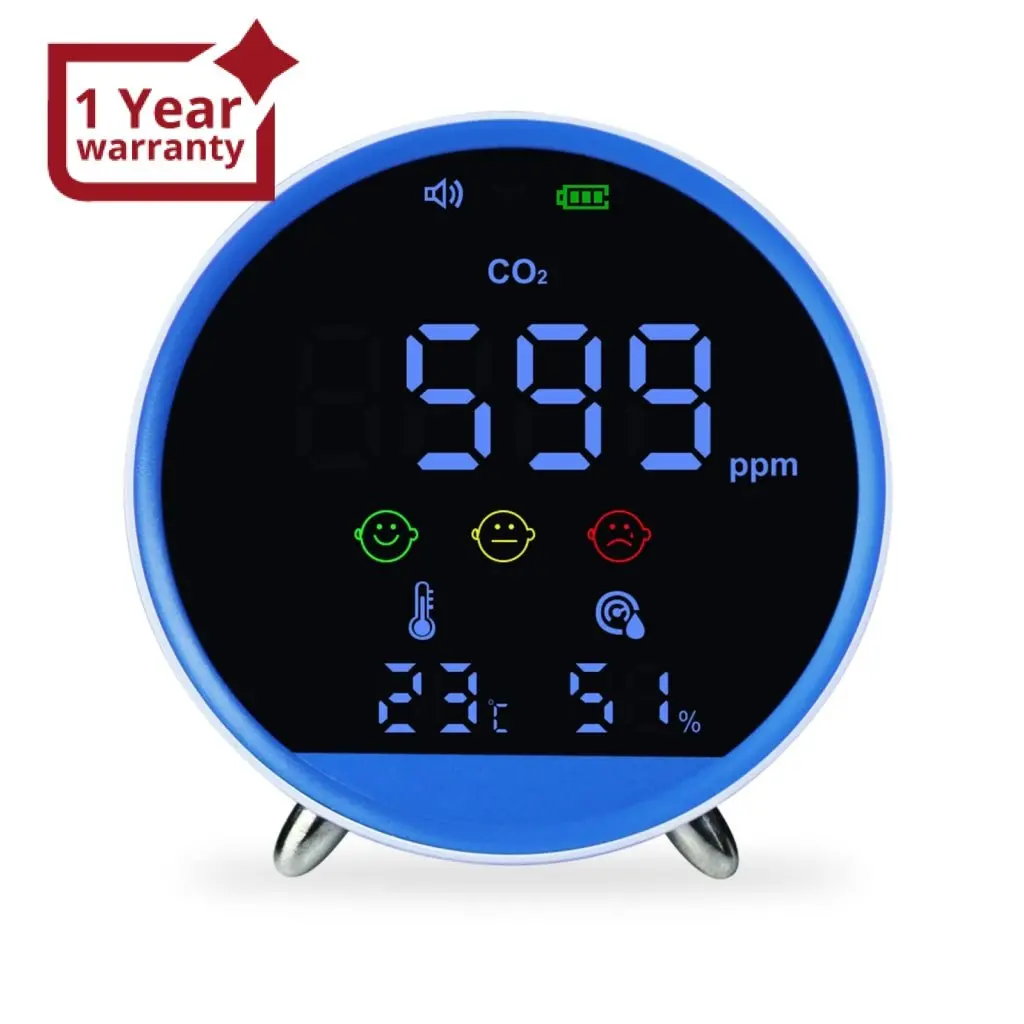 Aqm-399 Carbon Dioxide Co2 Monitor Indoor Air Quality Meter Temperature Humidity Tester Face Icon Colored Display With Alarm 400~5000Ppm Ndir Sensor 1