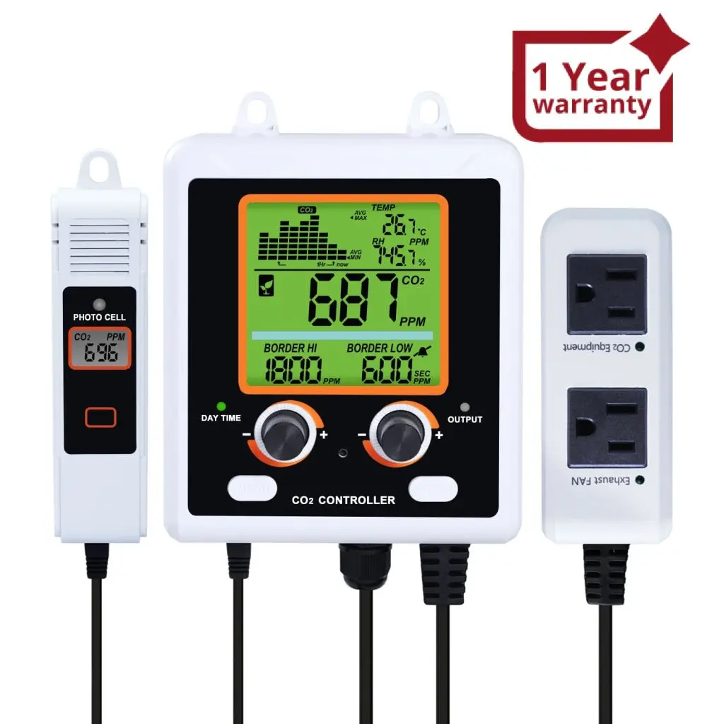 Aqm-419 Dual-Output Co2 Controller Carbon Dioxide Monitor With Day & Night Auto Detection, Temperature And Humidity Measurement, 15Ft Remote Ndir Co2 Sensor, And Trend Chart For Greenhouses, Offices, Factories, Homes, Etc. 1