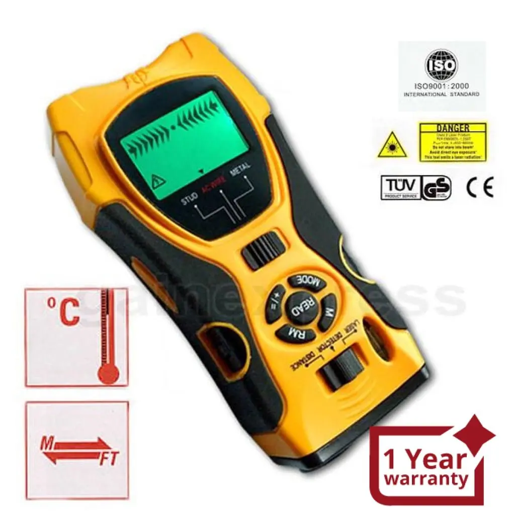 Ck-109_Yellow 5In1 Distance Meter Stud Metal Live Wire Detector & Laser Marker 1