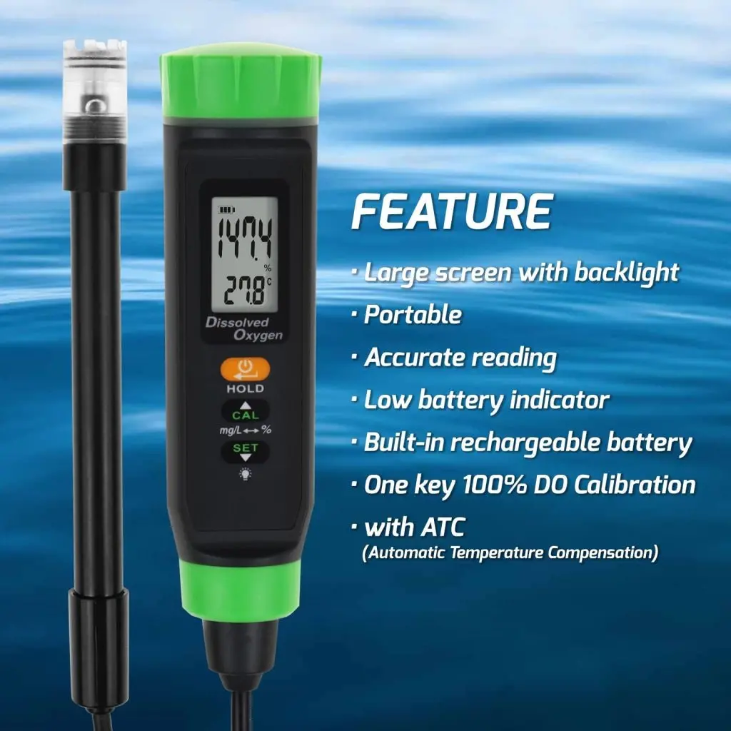 Dom-383 Digital Rechargeable Do Meter Dissolved Oxygen Tester With Floating Probe Long Cable Electrode, Atc 2