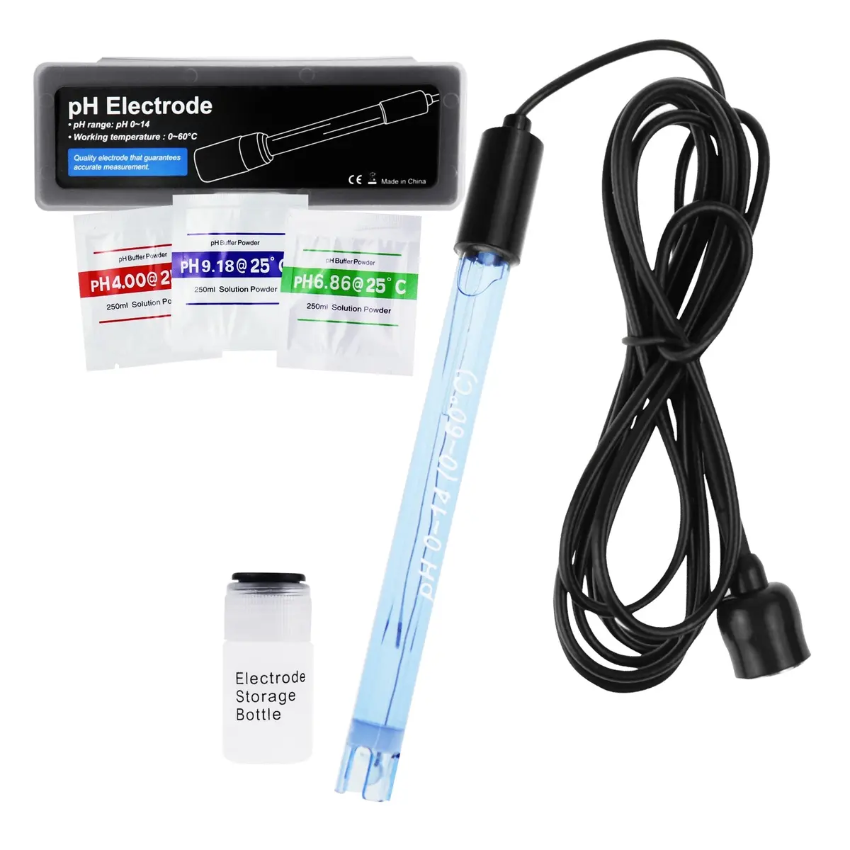 E-313 Accurate & Fast Combination Ph Electrode W/ Long Bnc Connector Cable & Calibration Powder, 0~14 Ph Measurement Range For Sea Water And Acid Rain 1