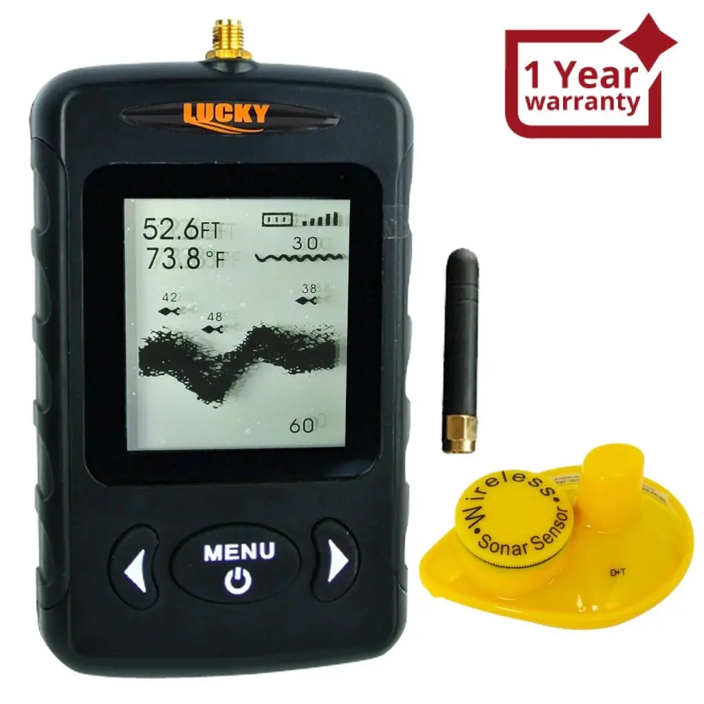 Ffw-718Blk Lucky Black Portable Wireless Fish Finder Locator With 45M (135Ft) Depth & 120M (400Ft) Wireless Range, Display Temperature/ Fish Size & Location Info, Fishing Gear Tools For Fresh & Salt Water, Sea, Lake, River, Bottom Contour, 90° Beam Angle 1