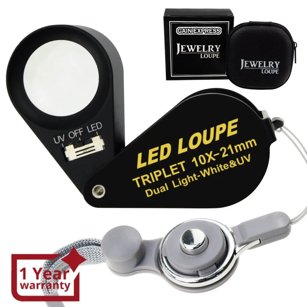 Gem-246 10X 21Mm Loupe Jeweler Magnifier Led Uv Light Triplet Lens Magnifying Gem Optical Tool Achromatic Aplanatic Foldaway Pocket Black Frame For Inspecting Diamonds Gemstones Watches Print 1