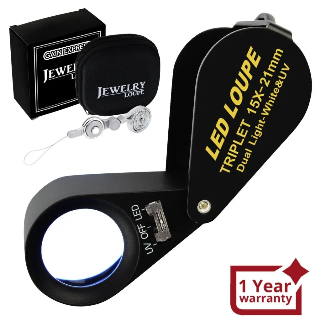 Gem-247 15X 21Mm Optic Glass Loupe 6 Led & Uv Light Magnifier Jeweler Foldaway Pocket Black Frame Triplet Lens Magnifying Gem Jeweler Mechanics Photographer Hobbyist Watchmaker 1