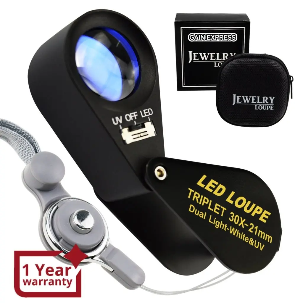 Gem-249 30X Magnification Jewelry Gem Loupe With Uv & 6 Led Light, 21Mm Optical Glass Triplet Magnifiers Lens Portable Handheld Magnifying Tool Jeweller Stamp & Coin Collectors Foldaway And Black Frame Design Metal Body 1
