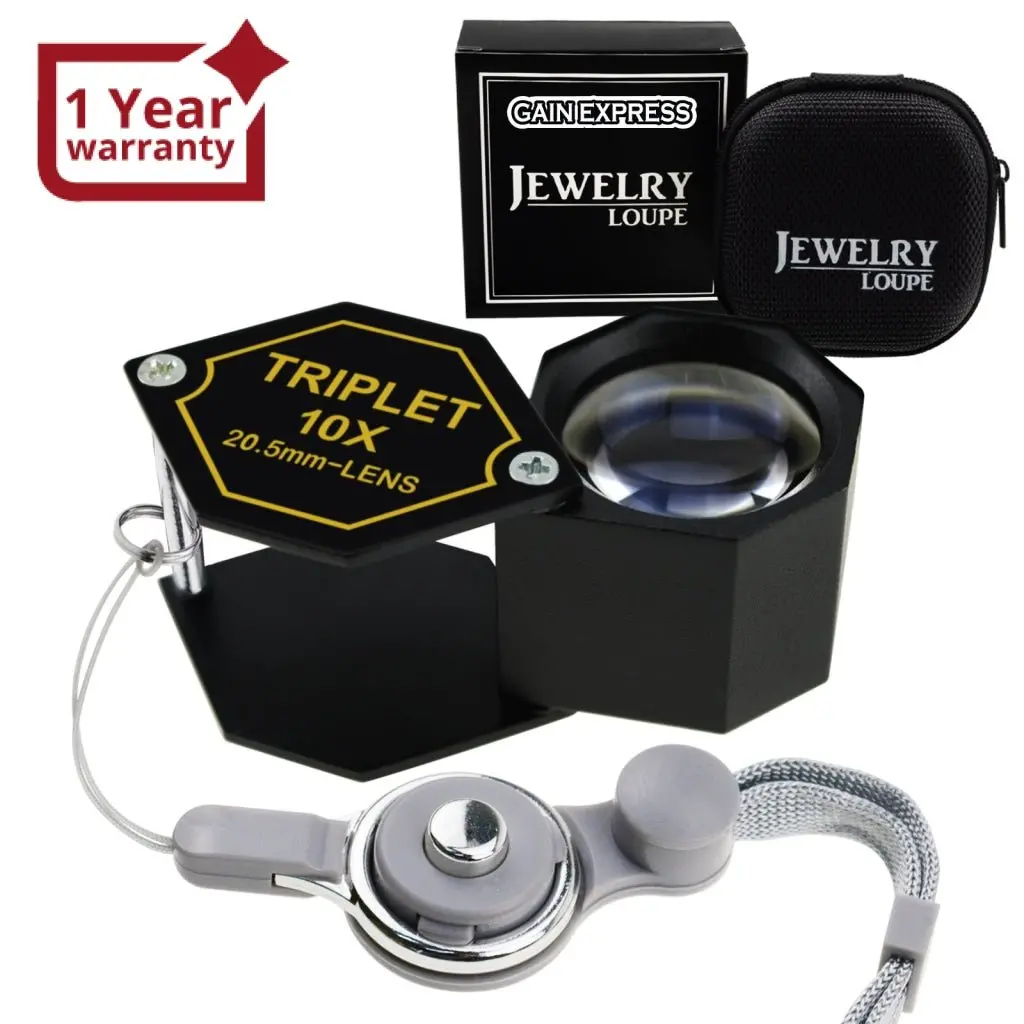 Gem-250 10X Magnification Jewelery Loupe, 20.5Mm Triplet Lens Achromatic Optical Glass Metal (Aluminum) Body Black Frame Hexagonal Design Kit Set Jewelry Pocket Magnifying Tool 1