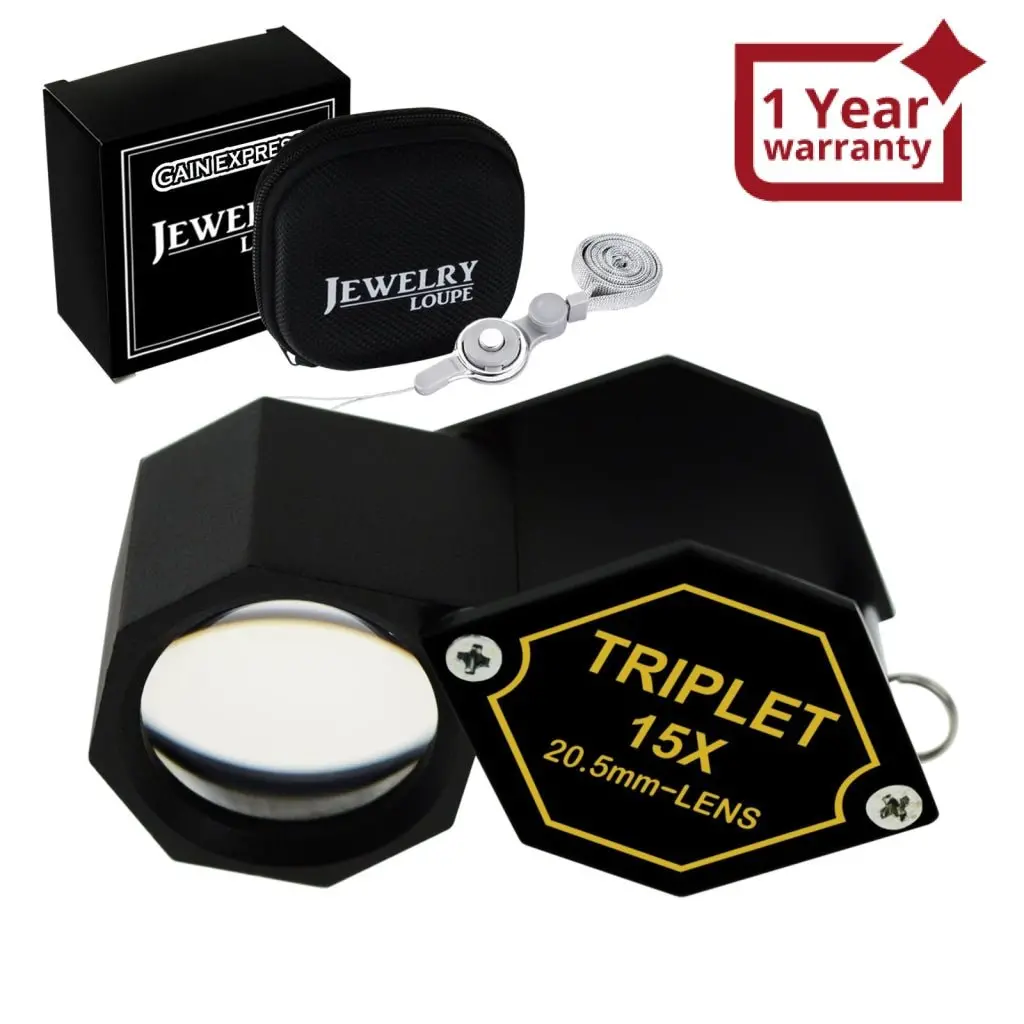 Gem-251 15X Jewelry Loupe Magnifier 20.5Mm Triplet Lens Achromatic Optical Glass Magnifying Tool Metal (Aluminum) Body Hexagonal Design Kit Set Magnification Loupe Black Frame 1