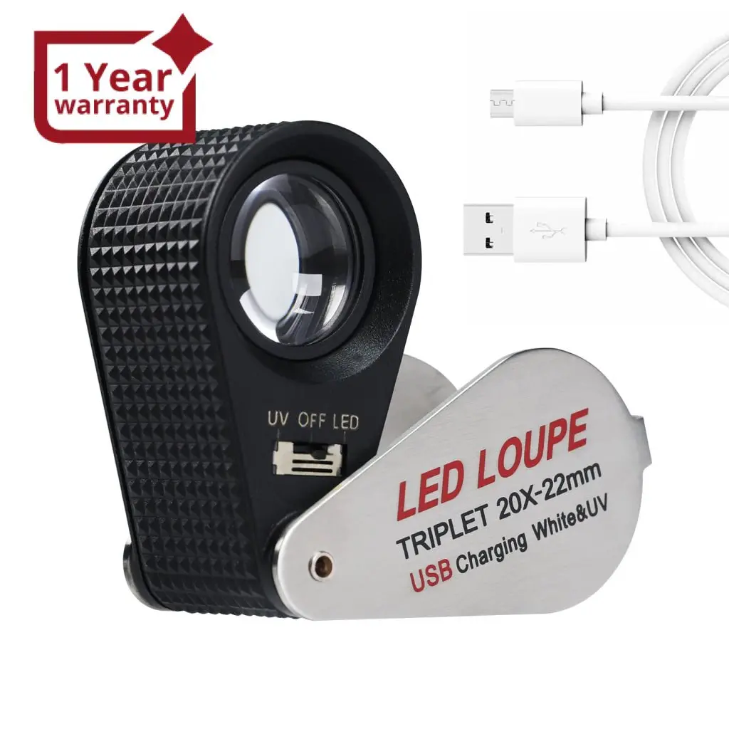 Gem-450 Jeweler Magnifier Loupe (10X / 20X / 30X / 40X) With 6 Uv And Led Light 22Mm Optical Triplet Lens, Usb Rechargeable Mini Gem Tool 1