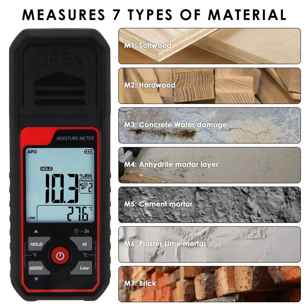 Htm-344 Pin Type Handheld Moisture Meter Humidity Tester Detector Visual High / Medium / Low Alerts Function For Wood, Plaster, Drywall, Concrete Floors, Building Materials 2