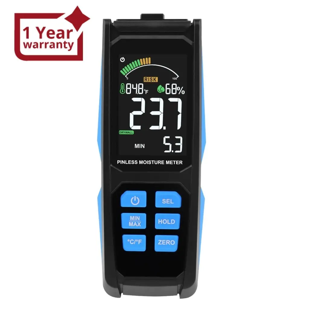 Htm-382 Non-Destructive Digital Moisture Meter Colored Lcd Screen Pinless Wood Moisture Tester For Drywall / Masonry / Softwood / Hardwood With Alarm Function 1
