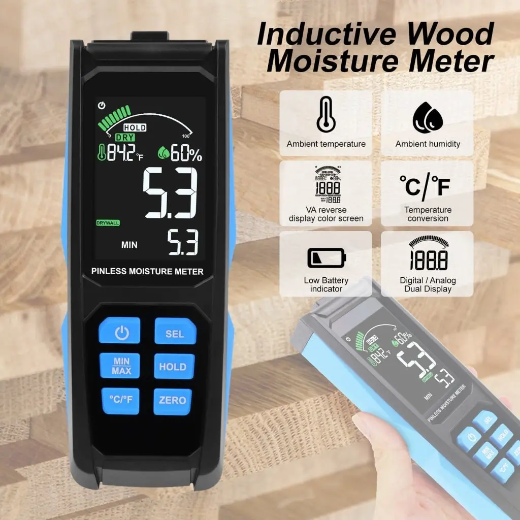 Htm-382 Non-Destructive Digital Moisture Meter Colored Lcd Screen Pinless Wood Moisture Tester For Drywall / Masonry / Softwood / Hardwood With Alarm Function 2