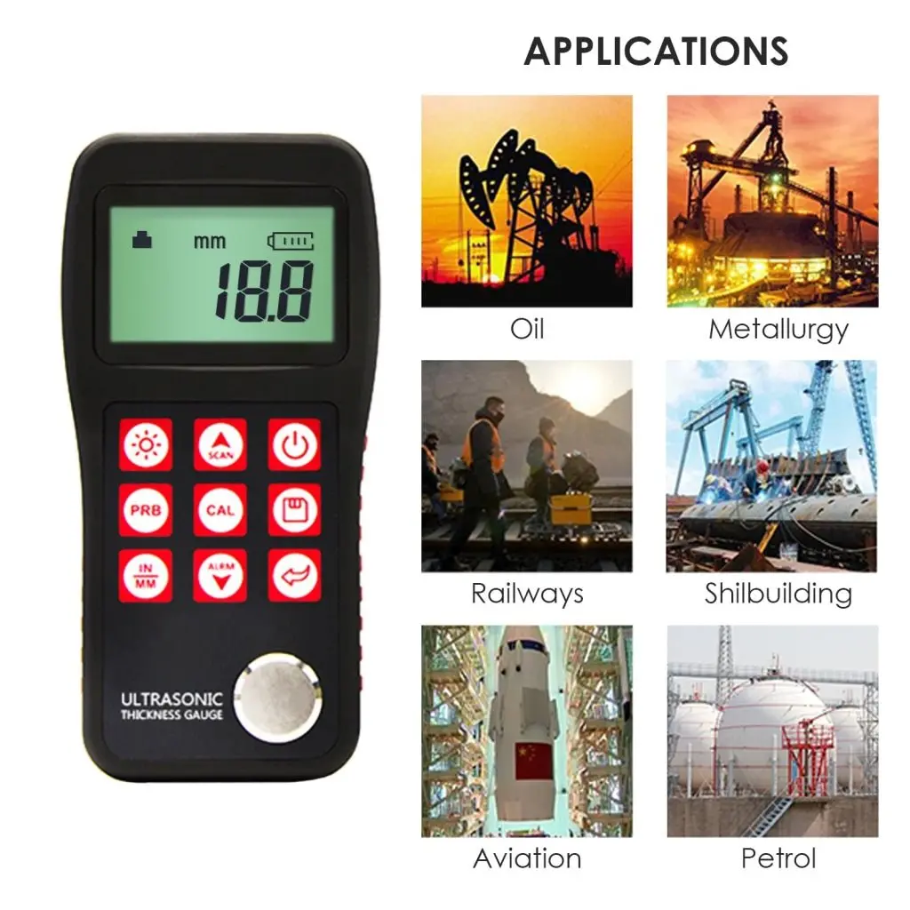 Mt150 Portable Digital Ultrasonic Thickness Gauge 0.75 ~ 300Mm 4.5 Digits Lcd Display With El Backlight Auto Power Off 0.1Mm Resolution 2