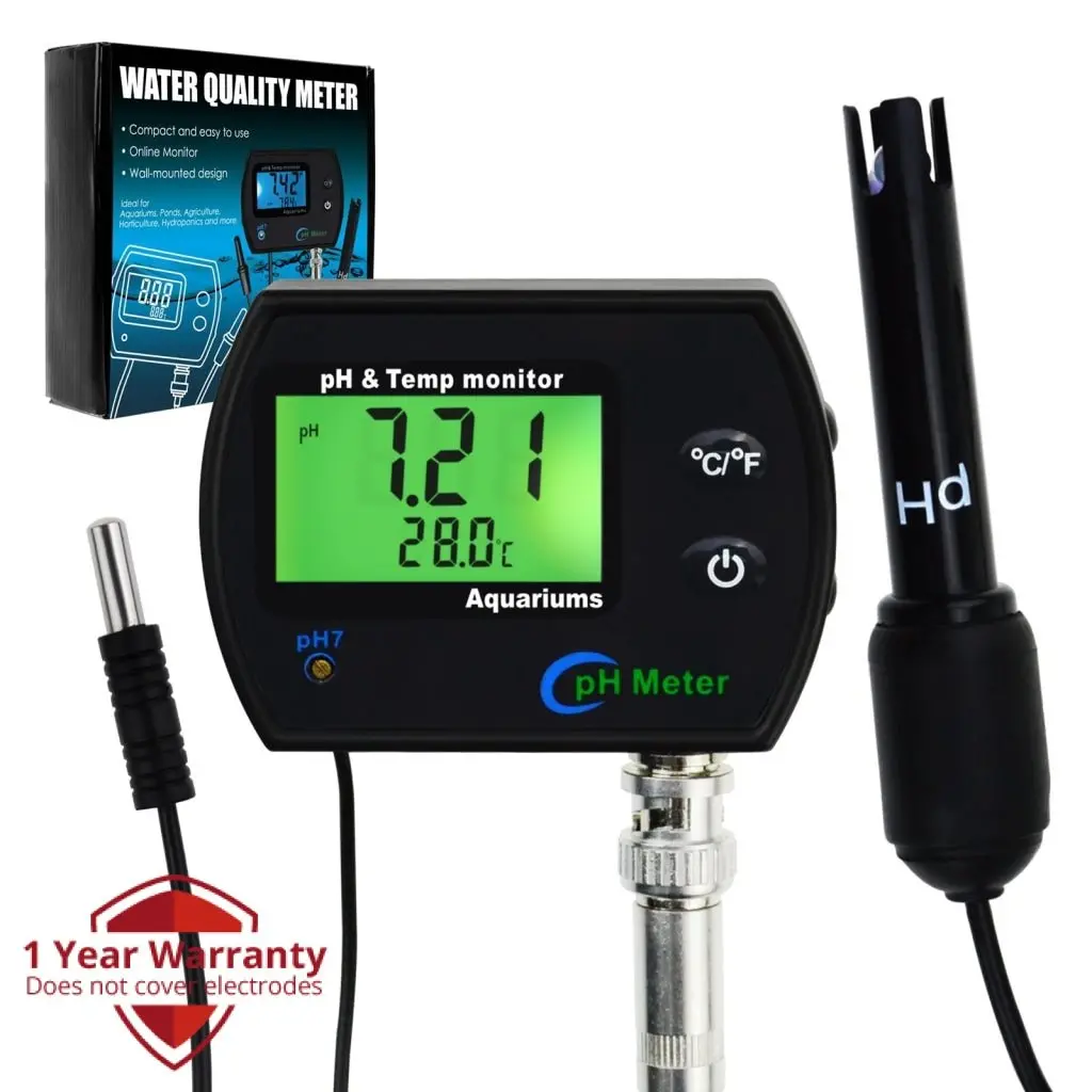 Phm-245 Ph & Temperature 2-In-1 Continuous Monitor Meter W/ Backlight Replaceable Electrode, Dual Display 0.00~14.00Ph °C/ °F Water Quality Monitoring Kit, For Aquariums Hydroponics Pools Tanks Spa 1