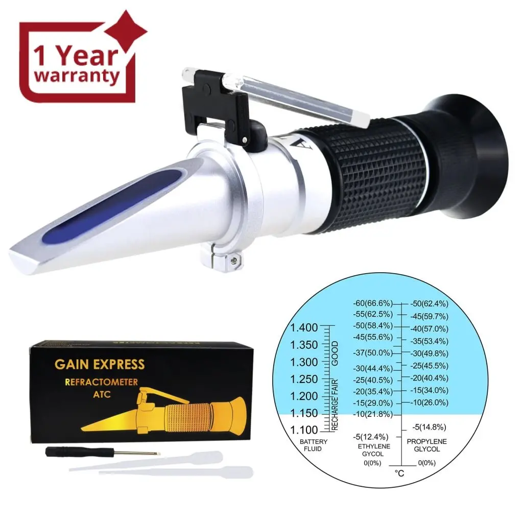 Rea-200Atc 3-In-1 Automotive Battery Antifreeze Refractometer, -60~0°C Ethylene/ -50~0°C Propylene Glycol/ 1.100-1.400 Battery Fluids Specific Gravity, Battery Charge Test Cooling System Coolant Freezing Point 1