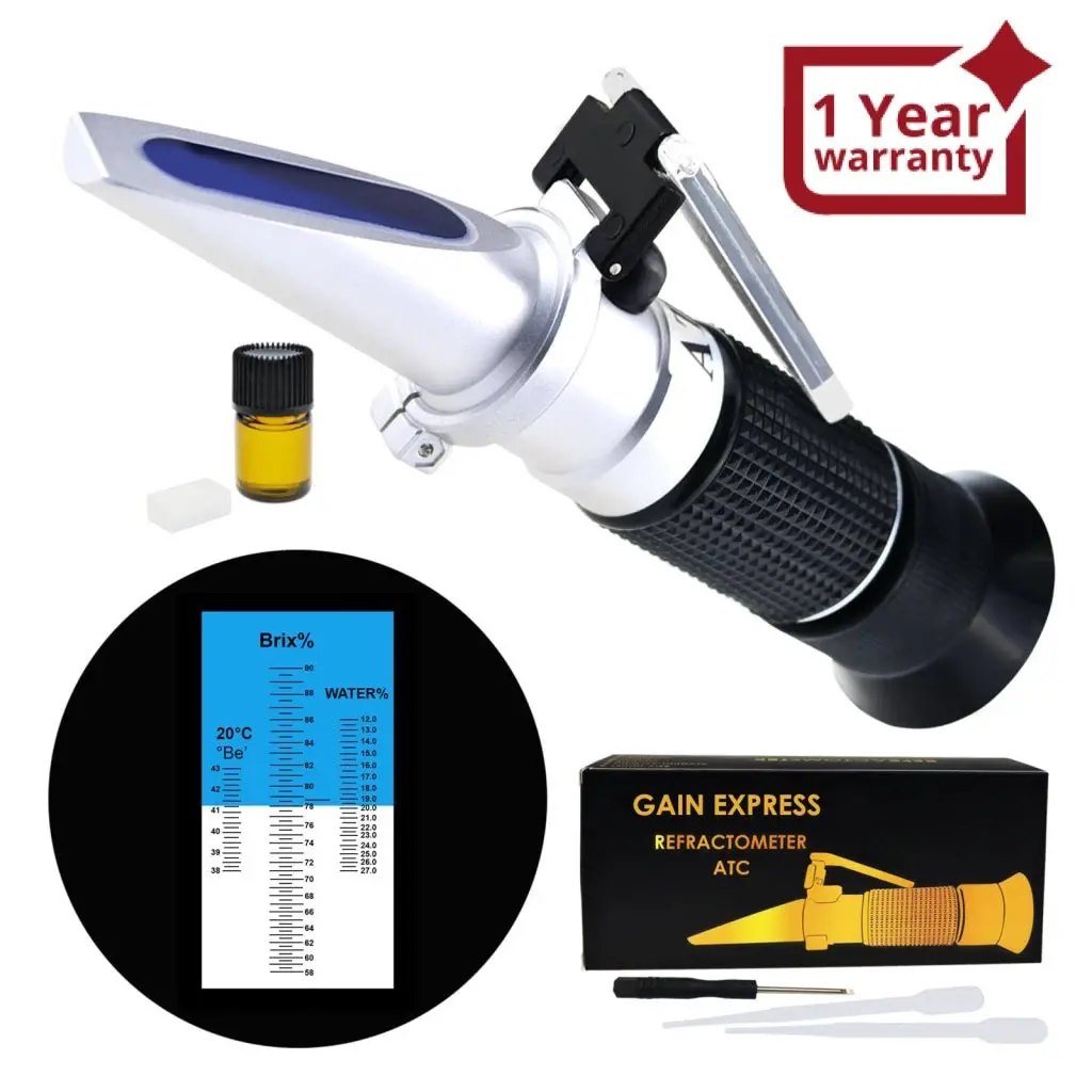 Reb-90Atc 3-In-1 Honey Refractometer Brix/Moisture/Baume Tester Meter Atc, Tri-Scale 58-90%/12-27%/38-43Be', Sugar Water Content Level Beekeeping Maple Syrup, Test Kit W/Calibration Oil & Block 1