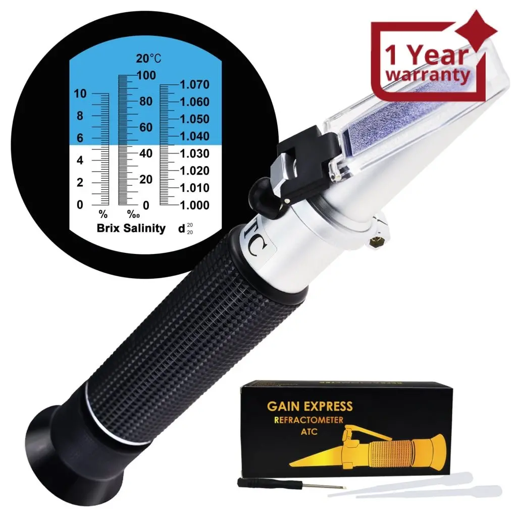Rebs-10Atc Tri-Scale Refractometer Atc Brix 0-10%/ Salinity 0-100Ppt/ Specific Gravity 1.000-1.070, For Saltwater Brackish Marine Reef Tank Salt Sea Water Hydroponic Aquarium Control Monitoring 1