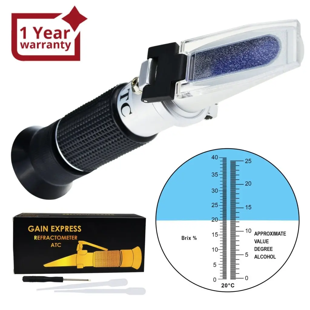 Rew-25Batc Grape Fruit Wine Alcohol Refractometer With Atc, Dual Scale 0-25% Vol 0-40% Brix, Handheld Optical Meter Tester For  Sugar Glucose Wine Making Winemakers Homebrew Test Tool 1