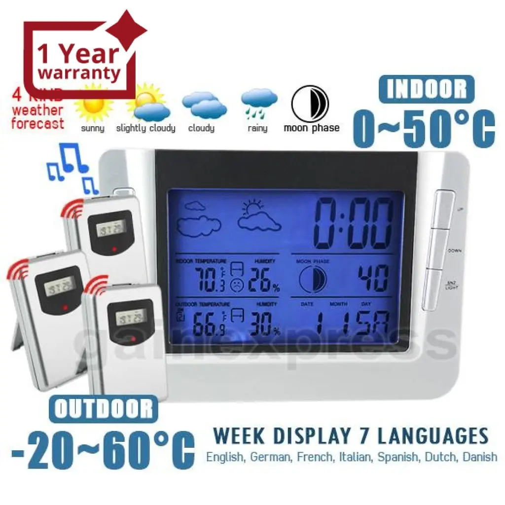 S08s608b_3S Indoor Outdoor Weather Forecast Station Temperature Rcc Clock Calendar With 3 Sensors 1