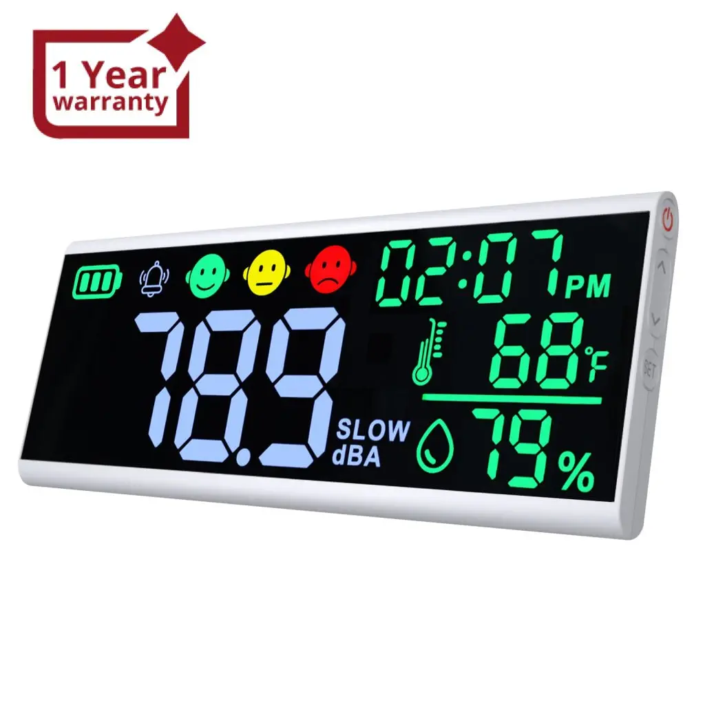 Slm-413 Wall-Mounted|Desktop Noise Decibel Meter 13" Colored Screen Sound Level Tester 130Db With Temperature And Humidity Measurement, 12H/24H Clock Display, Adjustable Brightness And Alarm Function 1