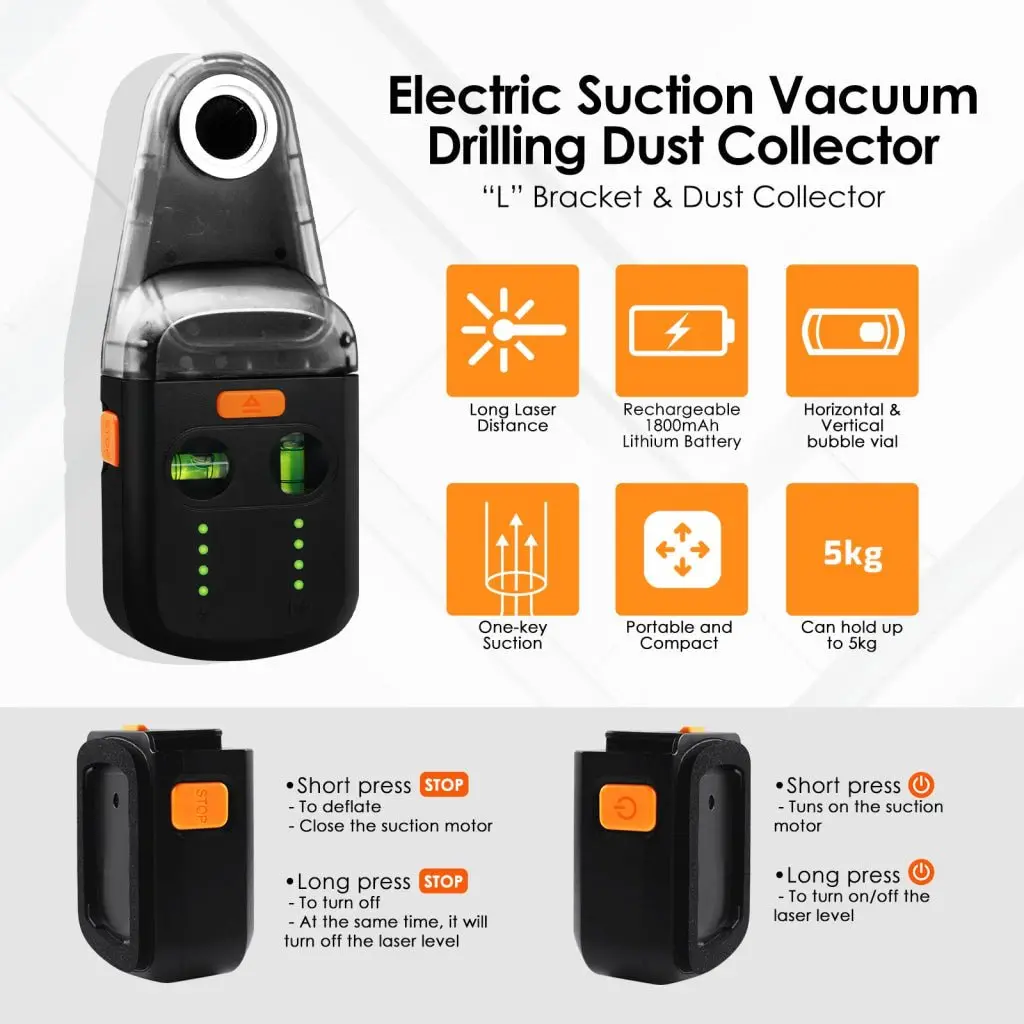 Std-439R 3 In 1 Home Electric Drilling Dust Collector Wall Mount Laser Level Bracket With Laser Level Function 2M Red Laser Distance With Horizontal & Vertical Bubble Level 2