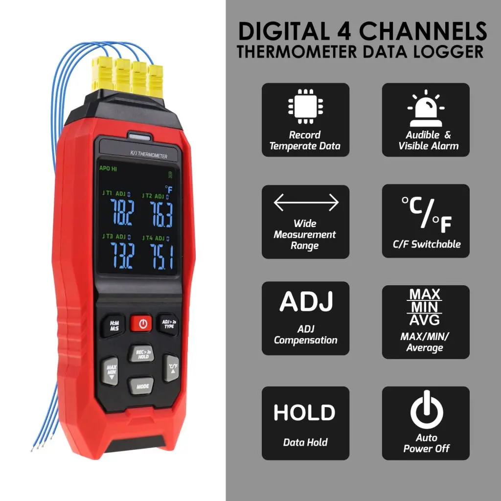 The-373 K/J/T Datalogger Thermocouple Thermometer -200~1372°C (-328~2501°F), 4-Channel Display, Real-Time Data Logging, Audible And Visible Alarm, And Adj Compensation 2